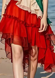 Elegant Colorblock Ruffled Patchwork Low High Design Cotton Dress Summer