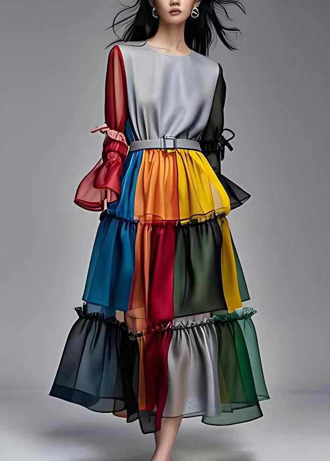 Elegant Colorblock Ruffled Patchwork Sashes Chiffon Maxi Dresses Fall