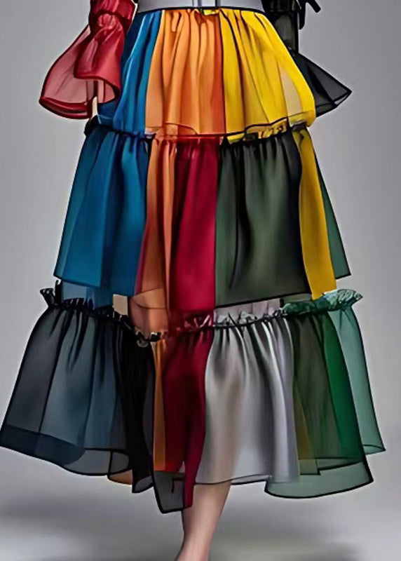 Elegant Colorblock Ruffled Patchwork Sashes Chiffon Maxi Dresses Fall
