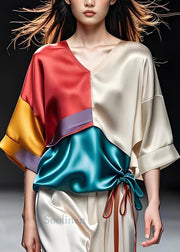 Elegant Colorblock V Neck Cinched Patchwork Silk Top Summer