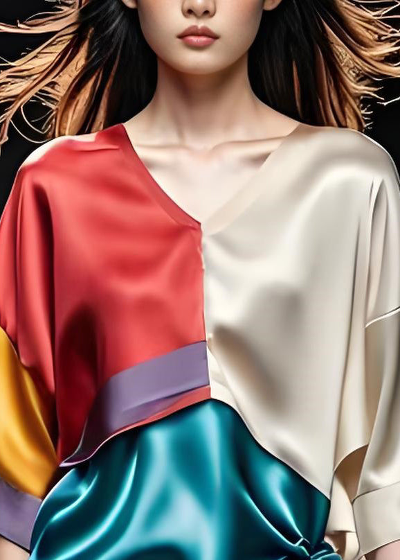 Elegant Colorblock V Neck Cinched Patchwork Silk Top Summer