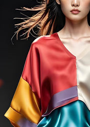 Elegant Colorblock V Neck Cinched Patchwork Silk Top Summer