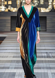 Elegant Colorblock V Neck Loose Velvet Long Dresses Fall