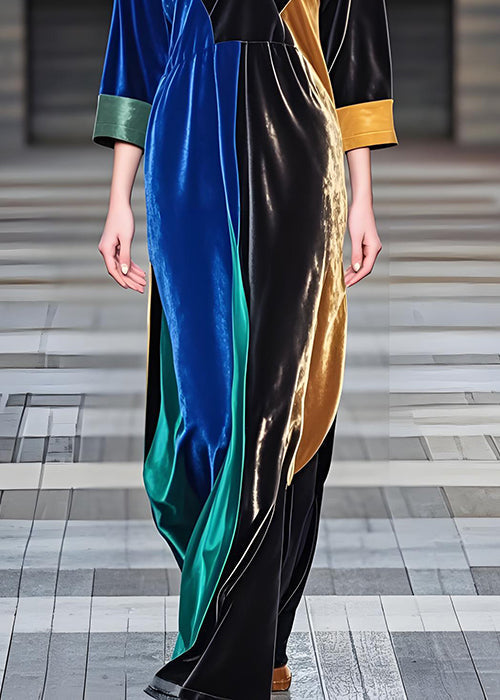 Elegant Colorblock V Neck Loose Velvet Long Dresses Fall