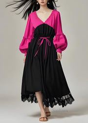 Elegant Colorblock V Neck Patchwork Cotton Dress Lantern Sleeve