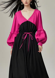 Elegant Colorblock V Neck Patchwork Cotton Dress Lantern Sleeve