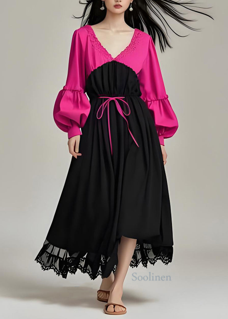 Elegant Colorblock V Neck Patchwork Cotton Dress Lantern Sleeve