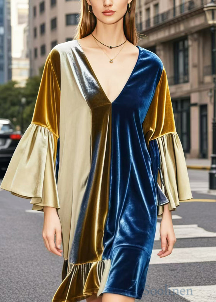 Elegant Colorblock V Neck Patchwork Silk Velvet Mid Dresses Spring