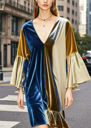 Elegant Colorblock V Neck Patchwork Silk Velvet Mid Dresses Spring