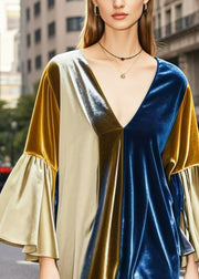 Elegant Colorblock V Neck Patchwork Silk Velvet Mid Dresses Spring