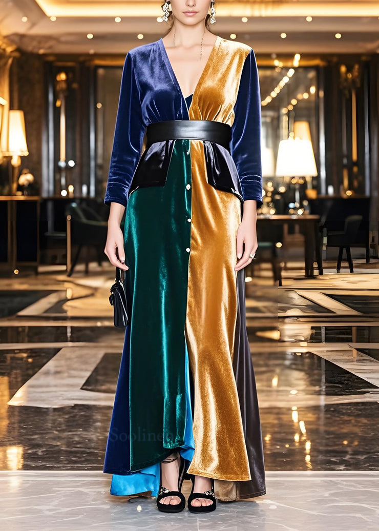 Elegant Colorblock V Neck Sashes Patchwork Velvet Dress Fall