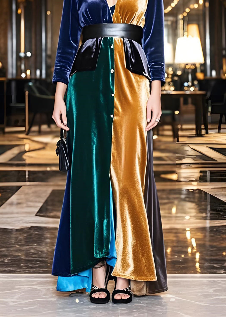 Elegant Colorblock V Neck Sashes Patchwork Velvet Dress Fall