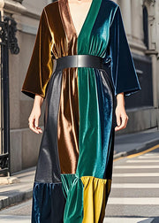 Elegant Colorblock V Neck Sashes Velvet Dress Long Sleeve