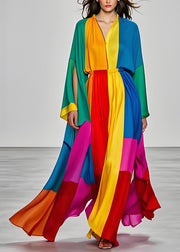 Elegant Colorblock V Neck Silk Dress Long Sleeve