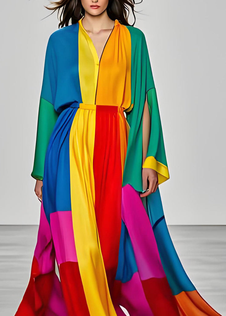 Elegant Colorblock V Neck Silk Dress Long Sleeve