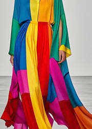 Elegant Colorblock V Neck Silk Dress Long Sleeve