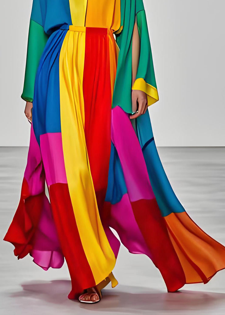 Elegant Colorblock V Neck Silk Dress Long Sleeve