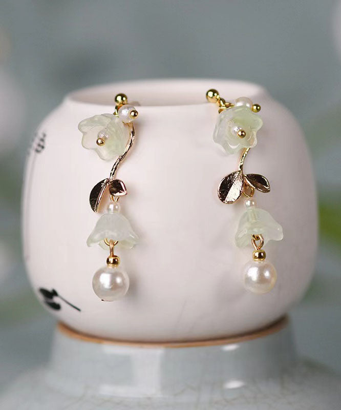 Elegant Cyan Alloy Pearl Tassel Bell Orchid Drop Earrings