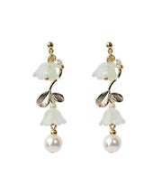 Elegant Cyan Alloy Pearl Tassel Bell Orchid Drop Earrings