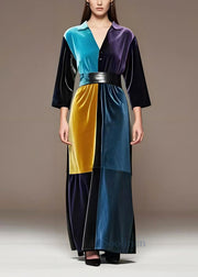 Elegant Dark Cinched Patchwork Silk Velour Dress Spring