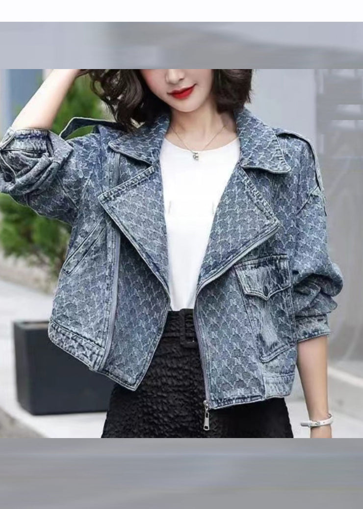 Elegant Denim Blue Notched Zippered Plaid Coat Long Sleeve