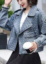 Elegant Denim Blue Notched Zippered Plaid Coat Long Sleeve