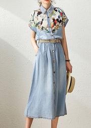 Elegant Denim Blue Peter Pan Collar Patchwork Print Cinched Dresses Summer