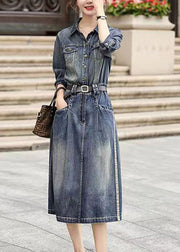 Elegant Denim Blue Peter Pan Collar Patchwork Sashes Long Shirts Dresses Fall