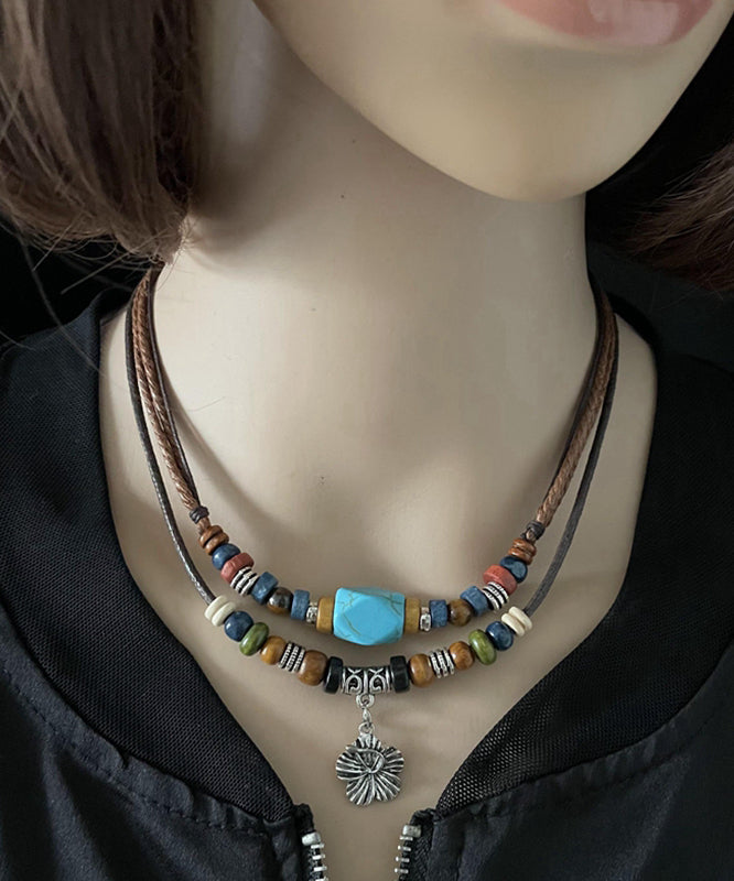 Elegant Faux Leather Alloy Turquoise Pendant Necklace