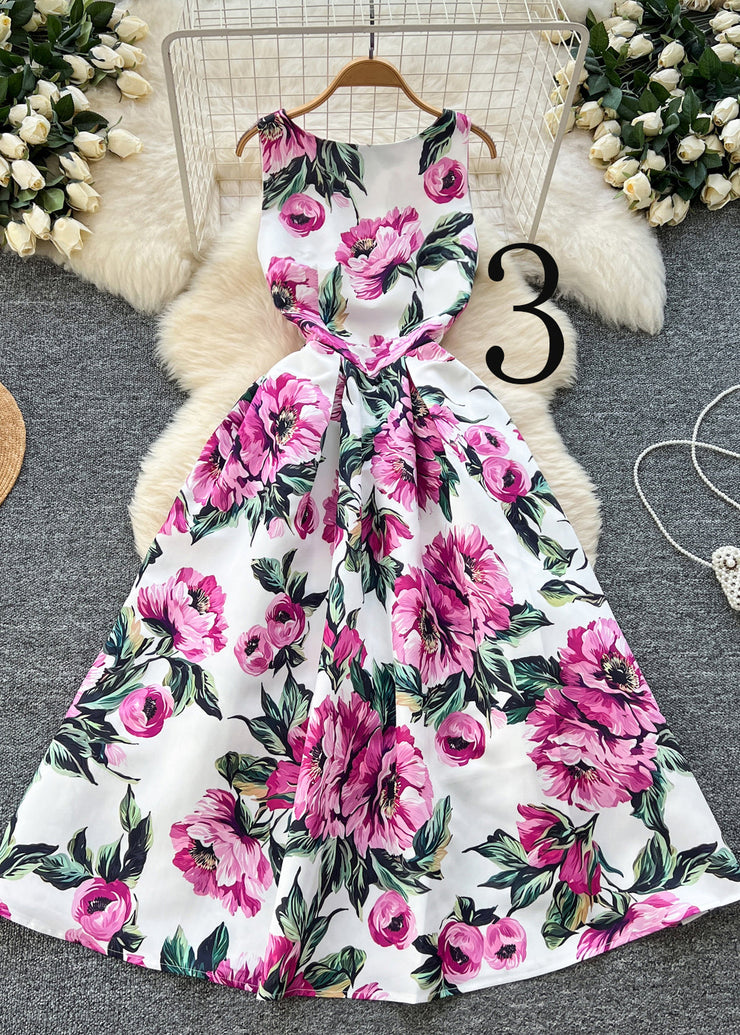 Elegant Flower Print Exra Large Hem Silk Tea Dress Sleeveless