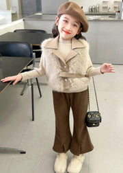 Elegant Girls Fuzzy Fur Fluffy Waistcoat Top And Crop Pants Two Pieces Set Spring