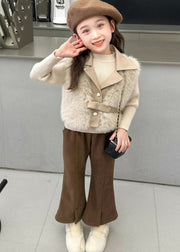 Elegant Girls Fuzzy Fur Fluffy Waistcoat Top And Crop Pants Two Pieces Set Spring