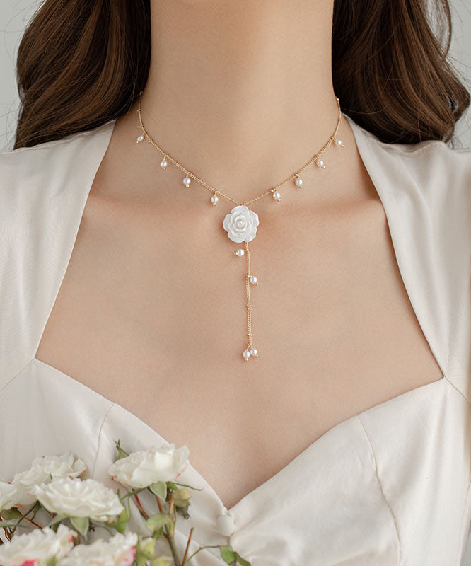 Elegant Gold Alloy Pearl Floral Tassel Lariat Necklace