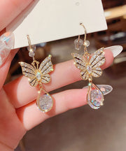 Elegant Gold Alloy Zircon Crystal Butterfly Water Drop Drop Earrings