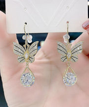 Elegant Gold Alloy Zircon Crystal Butterfly Water Drop Drop Earrings