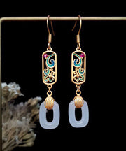 Elegant Gold Ancient Gold Jade Enamel Ping Buckle Drop Earrings