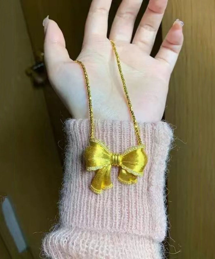 Elegant Gold Bow Zircon Pendant Necklace