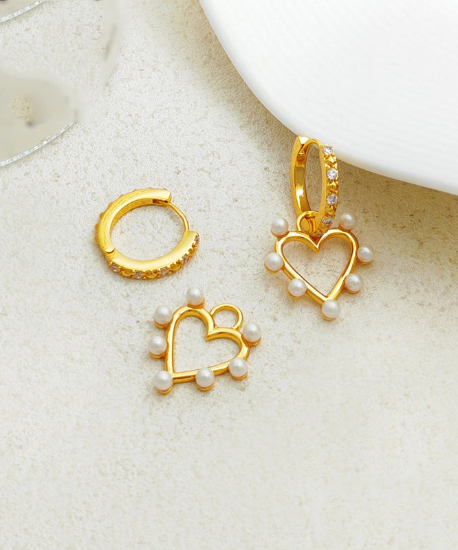 Elegant Gold Copper Overgild Inlaid Zircon Pearl Heart Hoop Earrings