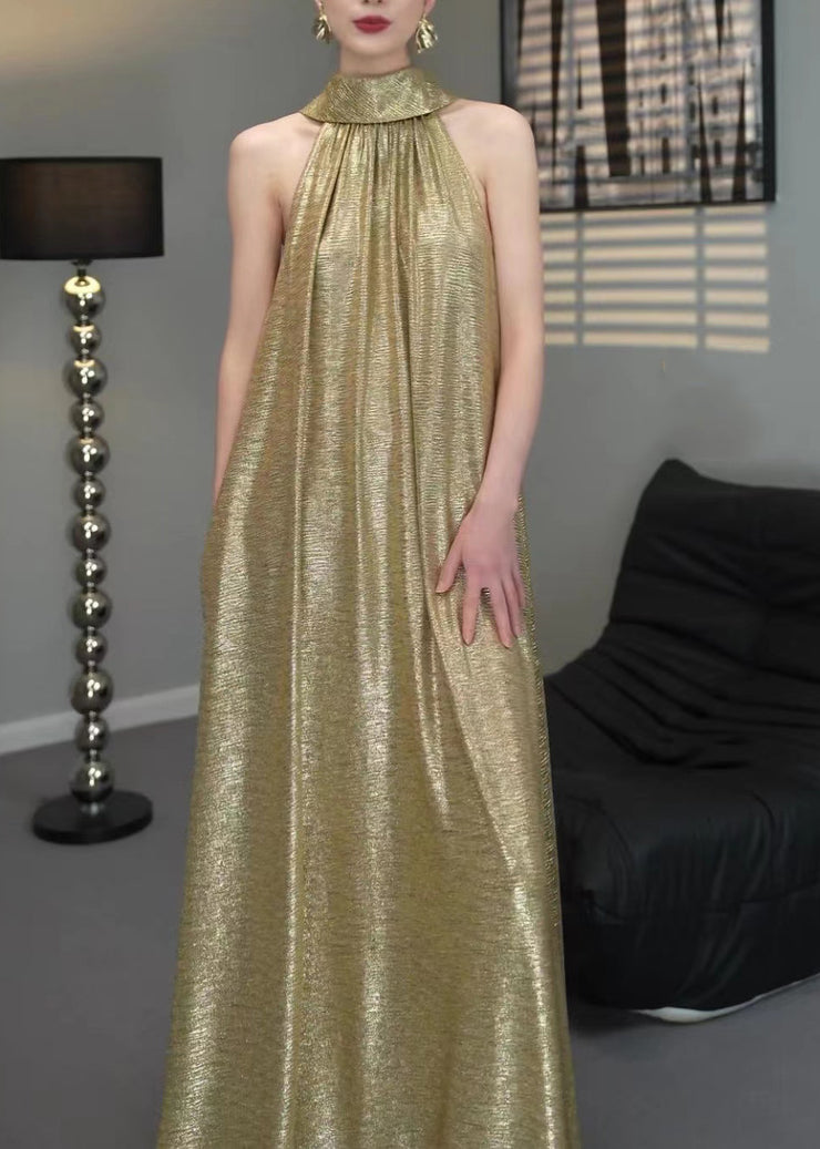 Elegant Gold Halter Wrinkled Long Dress Sleeveless
