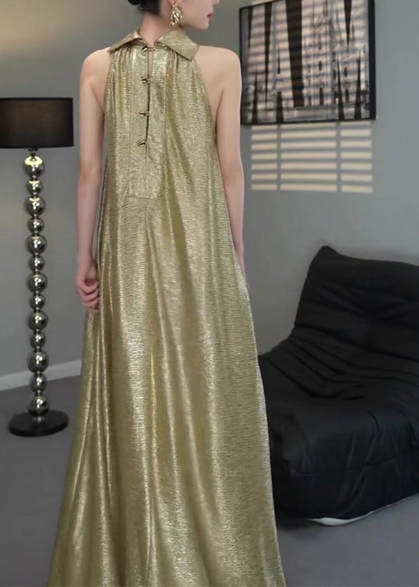 Elegant Gold Halter Wrinkled Long Dress Sleeveless