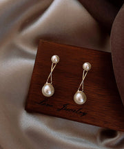 Elegant Gold Metal Overgild Pearl Cross Connection Stud Earrings