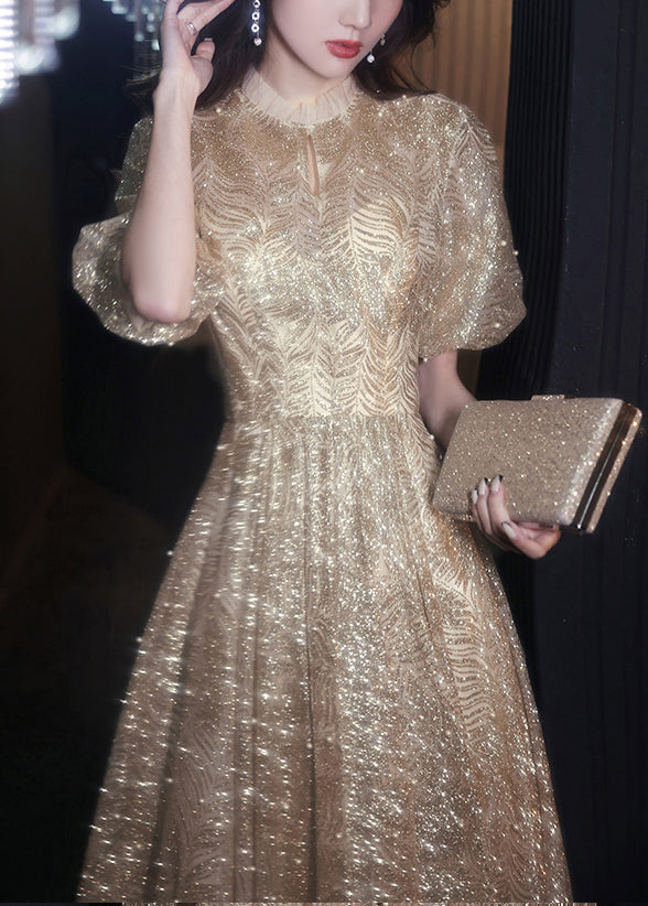Elegant Gold Ruffled Nail Bead Long Dresses Puff Sleeve