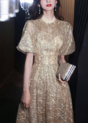 Elegant Gold Ruffled Nail Bead Long Dresses Puff Sleeve