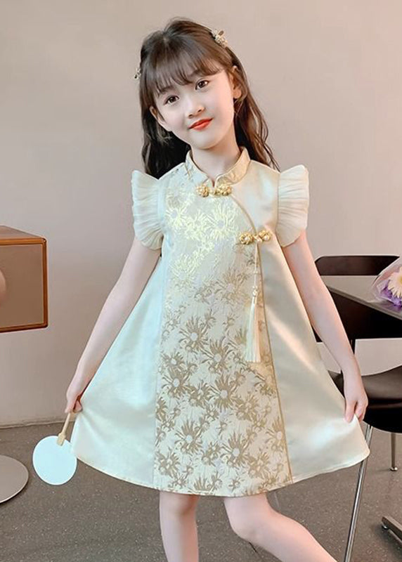 Elegant Gold Stand Collar Ruffled Button Girls Vacation Maxi Dresses Summer