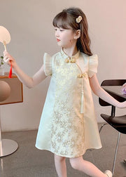 Elegant Gold Stand Collar Ruffled Button Girls Vacation Maxi Dresses Summer