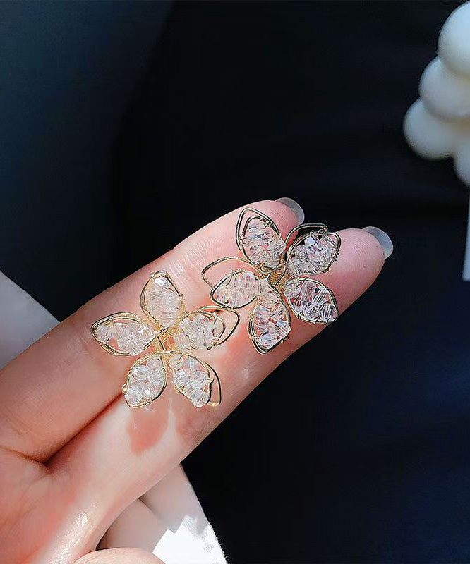 Elegant Gold Sterling Silver Alloy Crystal Floral Stud Earrings