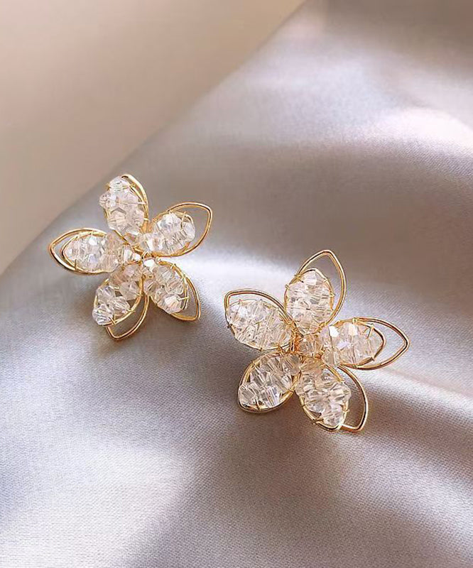 Elegant Gold Sterling Silver Alloy Crystal Floral Stud Earrings