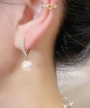 Elegant Gold Sterling Silver Alloy Inlaid Zircon Love Pearl Hoop Earrings