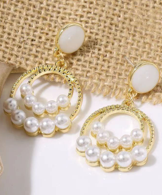 Elegant Gold Sterling Silver Alloy Pearl Circle Drop Earrings