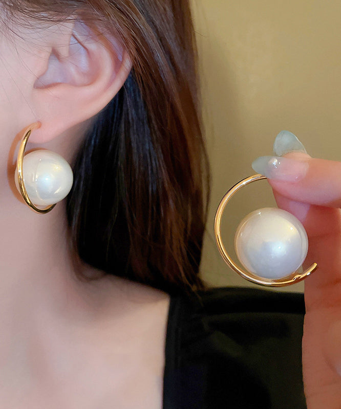 Elegant Gold Sterling Silver Alloy Pearl Hoop Earrings